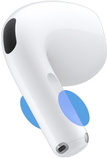 AirPods 5 In-Ear Kopfhörer von außen, blaue Kreise zeigen, wo das untere Ende berührt werden muss, um die Lautstärke zu ändern