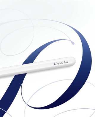 Ein Apple Pencil Pro liegt flach auf kreativen, mit der Hand gezeichneten Designs.