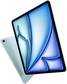 Schräge Vorderansicht des 13" iPad Air mit dem farbenfrohen Display, Rückansicht des 11" iPad Air mit der Rückseite und Kamera