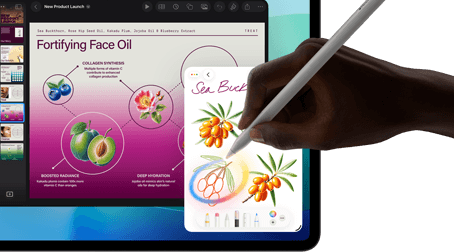 iPad Pro, Vorderseite, das Display zeigt einen Hintergrund mit dunkelblauem und grünem Farbverlauf und mehrere geöffnete Apps, eine Hand hält den Apple Pencil Pro und kreist eine Skizze ein, die das Apple Intelligence Feature „Bildkreation“ zeigt