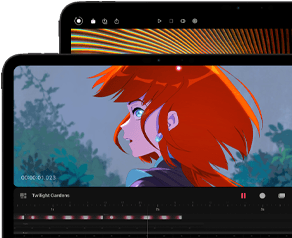 Ein 13" und ein 11" iPad Pro, Vorderansicht, Querformat, Farbe Space Schwarz, gerundete Ecken, schwarzer Displayrand, das 11" Display zeigt das brillante Bild einer Person mit roten Haaren, das 13" Display zeigt bunte Elemente der Bildbearbeitungsoberfläche