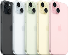 iPhone 15, Rückseite mit fortschrittlichem Kamera‑System und durchgefärbtem Glas in allen Farben: Schwarz, Blau, Grün, Gelb, Pink.