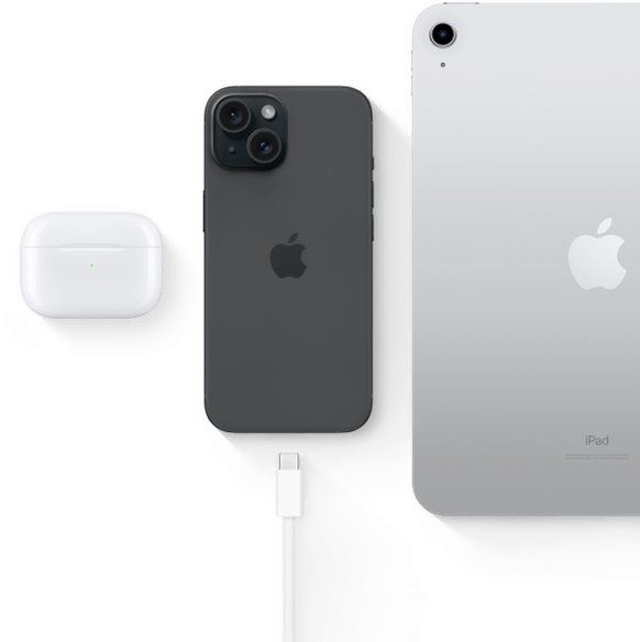 iPhone 15 mit USB‑C Anschluss, derselbe Anschluss, den auch die AirPods Pro und das iPad nutzen können