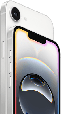 Seitenansicht des iPhone 16e in Weiß, Seitenansicht, Actiontaste, Lautstärketasten und Fusion Rückkamera