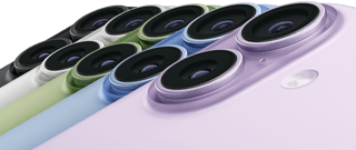 iPhone 17, Rückansicht, Dual Fusion Kamera-System, alle fünf Farben überlappend: Schwarz, Weiß, Salbei, Nebelblau und Lavendel