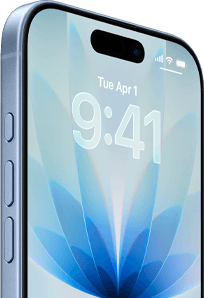 iPhone 17, Vorderansicht, Farbe Nebelblau, Dynamic Island mittig, Tasten: Actiontaste, Lautstärke