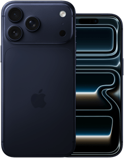 Nebeneinander: iPhone 17 Pro Max, Rückseite, Pro Kamera-System, 3 Objektive, Mikrofon, Blitz, Finish Tiefblau, iPhone 17 Pro, Vorderseite mit All-Screen Design, Finish Tiefblau