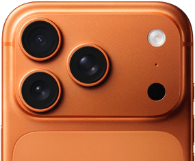 iPhone 17 Pro, Cosmic Orange, Teilansicht der Rückseite, Pro Kamera-System oben links, 3 Objektive, Mikrofon, Blitz
