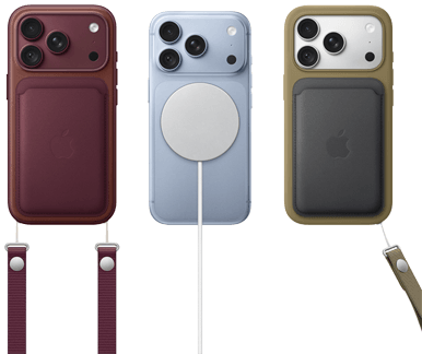 iPhone 18 Pro, Rückseite, Farbe Burgunder, Feingewebe Wallet mit MagSafe in Burgunder; iPhone 18 Pro, Rückseite, Farbe Polar, mit MagSafe Batterie; iPhone 18 Pro, Rückseite, Farbe Silber, mit Silikon Case in Grün und MagSafe Ladegerät