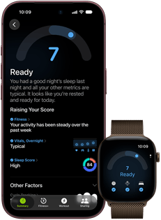 iPhone 18 Pro, Schwarz, Vorderseite, zeigt die Ergebnisse des Tagesformwerts (Wert 7), gekoppelt mit einer Apple Watch, Vorderansicht, Braun, zeigt denselben Tagesformwert von 7
