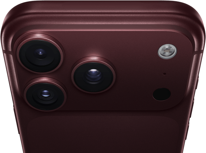 iPhone 18 Pro Max, Farbe Burgunder (Dunkelrot), Rückseite, Pro Fusion Kamera-System oben, 3 Objektive, Lamellen der variablen Blende teilweise geschlossen, Blitz, Mikrofon und LiDAR Scanner, Oberseite, Mobilfunkantenne, flache Seiten, gerundete Ecken