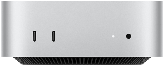 Vorderansicht des Mac mini in Silber, die die Anschlüsse vorne zeigt