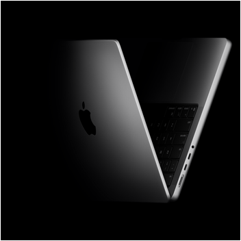 MacBook Pro in V-Form positioniert, Verweis auf den M5 Chip