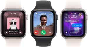 Drei Apple Watch Geräte nebeneinander, eines zeigt die Apple Music App, eines einen eingehenden Telefonanruf und eines eine iMessage Konversation