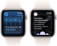 Zwei Apple Watch SE 3 Geräte mit Aluminiumgehäusen in Polarstern zeigen die Vitalzeichen App