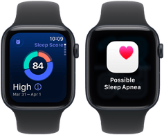 Zwei Apple Watch SE 3 Geräte mit Aluminiumgehäusen in Mitternacht zeigen den Schlafindex und eine Mitteilung zu möglicher Schlafapnoe