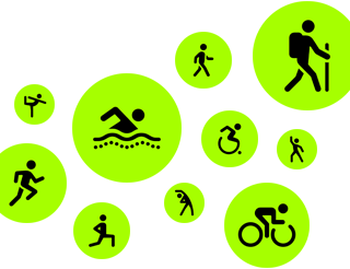 Trainingssymbole, animierte stilisierte Personen laufen, gehen, schwimmen, nutzen einen Rollstuhl, wandern, fahren Fahrrad, machen einen Ausfallschritt, tanzen, stretchen sich und machen Yoga