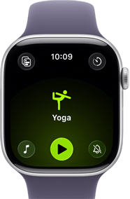 Apple Watch Series 11, Aluminiumgehäuse Silber, Yogatraining geöffnet, rechte Seitenansicht: Digital Crown, Sportarmband in Nebelviolett