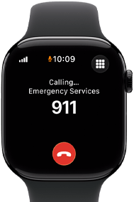 Apple Watch Series 11, Aluminiumgehäuse Diamantschwarz, ein Notruf auf dem Display, rechte Seitenansicht: Digital Crown, Sportarmband Schwarz