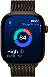 Apple Watch Series 12, Aluminiumgehäuse, Farbe Dunkelbronze, Kreisdiagramm mit Schlafindex, Digital Crown, Milanaise Armband, Farbe Dunkelbronze