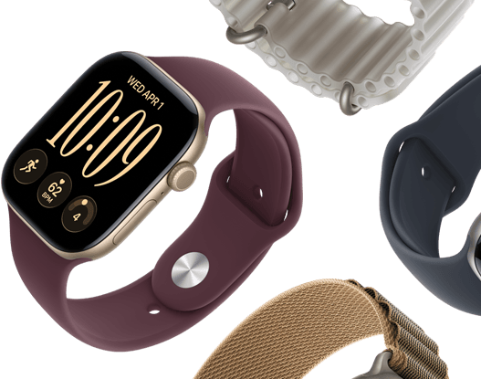 Apple Watch Series 11 Armbänder: Sportarmband in Nebelviolett, Ocean Armband in Maritimblau, Alpine Loop in Hellblau