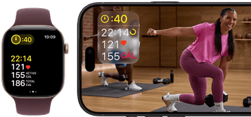 Apple Watch neben einem iPhone mit Apple Fitness+ Kurs auf dem Display