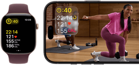 Apple Watch neben einem iPhone mit Apple Fitness+ Kurs auf dem Display