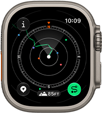 Apple Watch Ultra 4, Titangehäuse, Farbe Natur, Backtrack zeigt Route mit Kompass Wegbeschreibungen, rechte Seitenansicht, Digital Crown, erhöhte Seitentaste