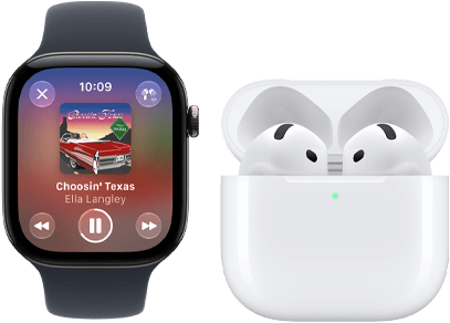 Apple Watch Series 12, Aluminiumgehäuse, Farbe Schwarz, Sportarmband Schwarz, Apple Music App geöffnet, gekoppelt mit AirPods 4