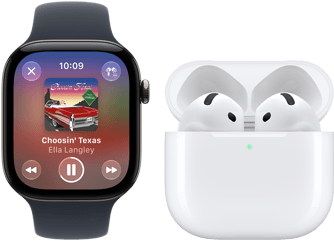 Apple Watch Series 12, Aluminiumgehäuse, Farbe Schwarz, Sportarmband Schwarz, Apple Music App geöffnet, gekoppelt mit AirPods 4