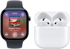 Apple Watch Series 12, Aluminiumgehäuse, Farbe Schwarz, Sportarmband Schwarz, Apple Music App geöffnet, gekoppelt mit AirPods 4