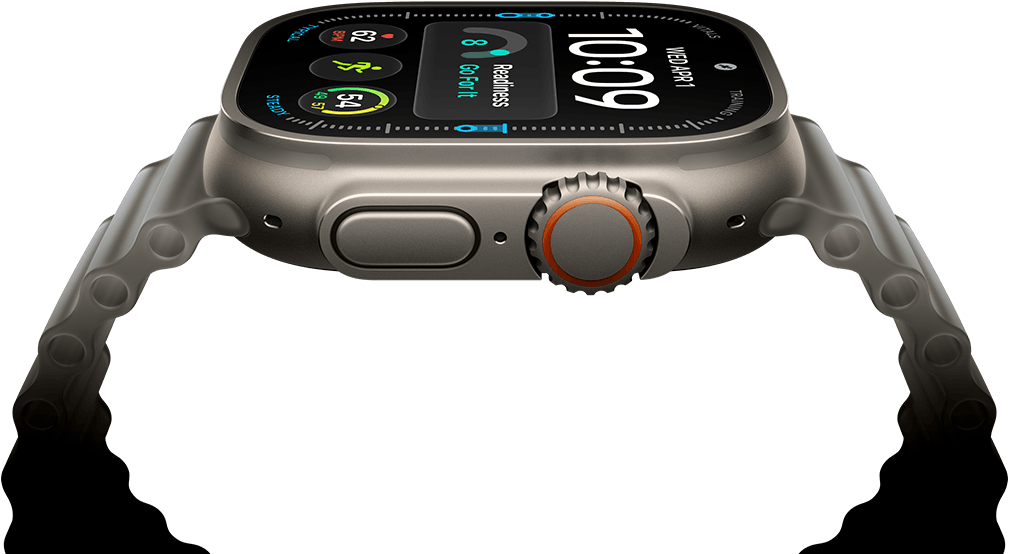 Apple Watch Ultra 4, Titangehäuse, Farbe Natur, digitales Zifferblatt, Komplikationen: Tagesform, Herzfrequenz, Trainings, Temperatur, rechte Seitenansicht, Digital Crown, erhöhte Seitentaste, Ocean Armband, Farbe Halbtransparentes Grau
