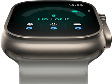 Apple Watch Ultra 4, Titangehäuse, Farbe Natur, Tagesformwert 8, rechte Seitenansicht, Digital Crown, erhöhte Seitentaste, Ocean Armband, Farbe Halbtransparentes Grau