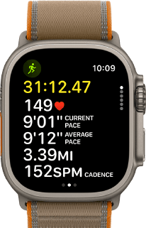 Apple Watch Ultra 4, Titangehäuse, Farbe Natur, fortschrittliche Trainingsdaten für Outdoor-Laufen, rechte Seitenansicht, Digital Crown, erhöhte Seitentaste, Trail Loop Armband, Farbe Sand