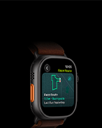 Apple Watch Ultra 4, Titangehäuse, Farbe Schwarz, Rennstrecke Feature mit einer Karte einer Laufroute, linke Seitenansicht, Actiontaste, Alpine Loop Armband, Farbe Burgunder
