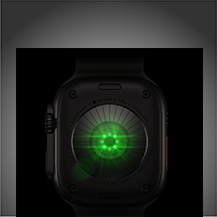 Rückseite der Apple Watch Ultra 4, Titangehäuse, Farbe Schwarz, mehrere runde Sensoren mit grün leuchtenden LEDs