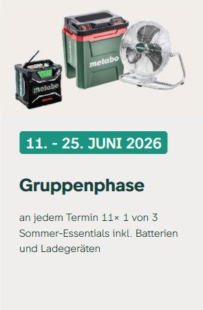 Gruppenphase (11.–25. Juni 2026) - an jedem Termin 11 x 1 von 3 Metabo Sommer-Essentials (Baustellenradio, Kühlbox oder Ventilator) inklusive Batterien und Ladegeräten in der Gruppenphase der Metabo Match Days